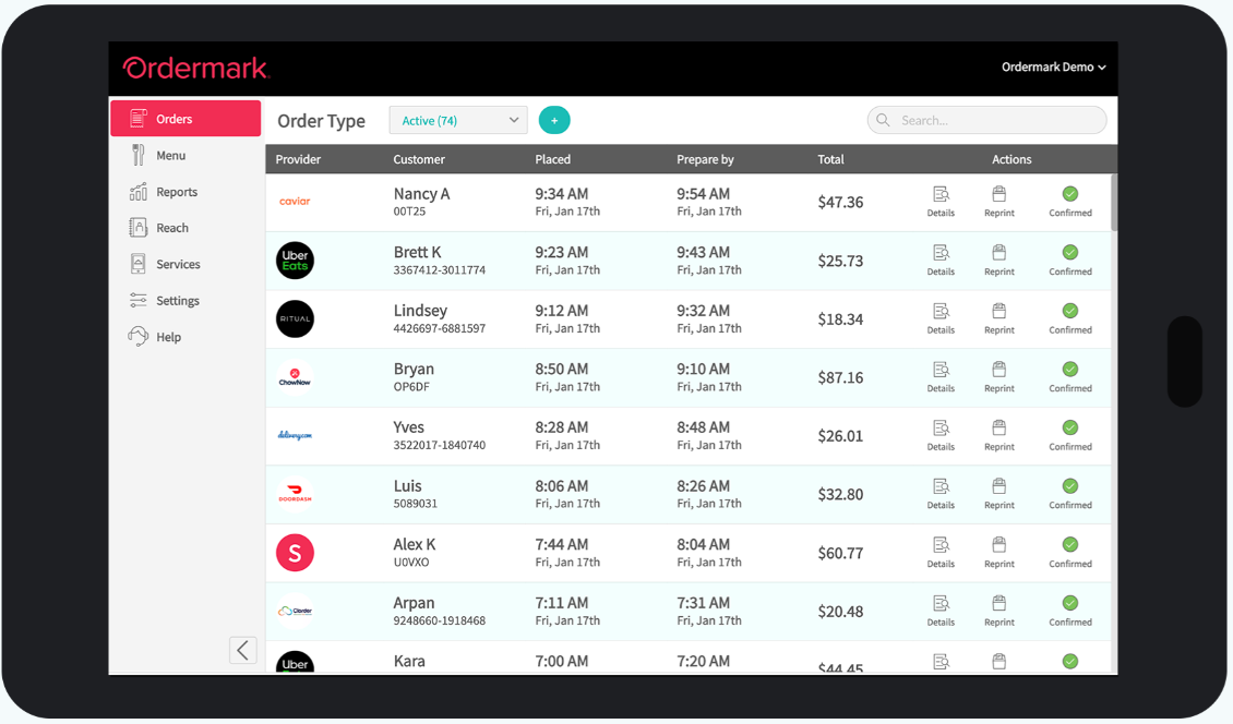 Screenshot of what a tablet running Ordermark looks like